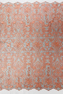 Fancy Damask Lace Fabric - Peach on Black - Embroidered Damask Design Mesh on Lace Fabric by Yard