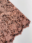 Fancy Damask Lace Fabric - Peach on Black - Embroidered Damask Design Mesh on Lace Fabric by Yard