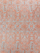 Fancy Damask Lace Fabric - Peach on Black - Embroidered Damask Design Mesh on Lace Fabric by Yard