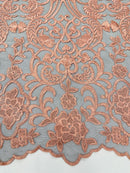 Fancy Damask Lace Fabric - Peach on Black - Embroidered Damask Design Mesh on Lace Fabric by Yard