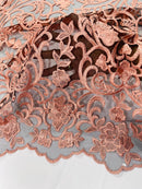 Fancy Damask Lace Fabric - Peach on Black - Embroidered Damask Design Mesh on Lace Fabric by Yard