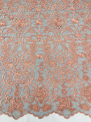 Fancy Damask Lace Fabric - Peach on Black - Embroidered Damask Design Mesh on Lace Fabric by Yard