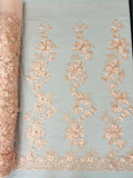 Floral 3D Rose Fabric - Peach - Embroided Rose Flower Design Fabric Sold by Yard