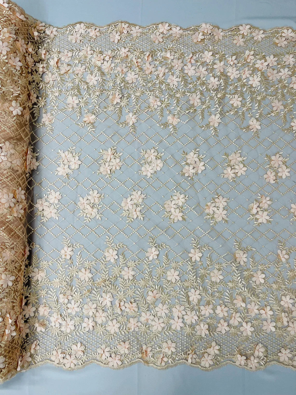 3D Floral Pearl Fabric - Peach - 3D Triangle Flower Design on Mesh By Yard