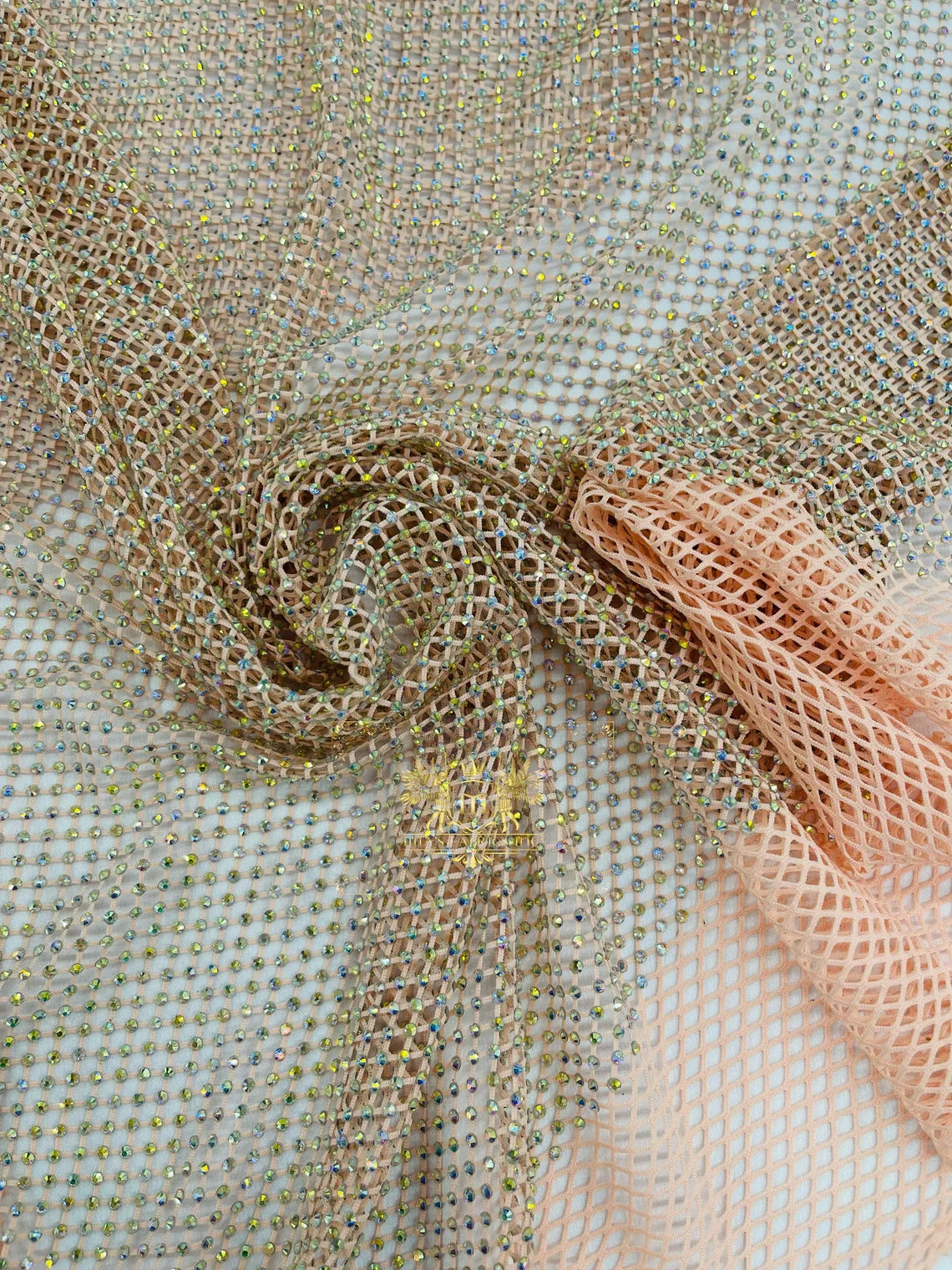 Fish Net Spandex Rhinestone Fabric - Solid Spandex Fish Net Rhinestones Fabric Sold by Yard