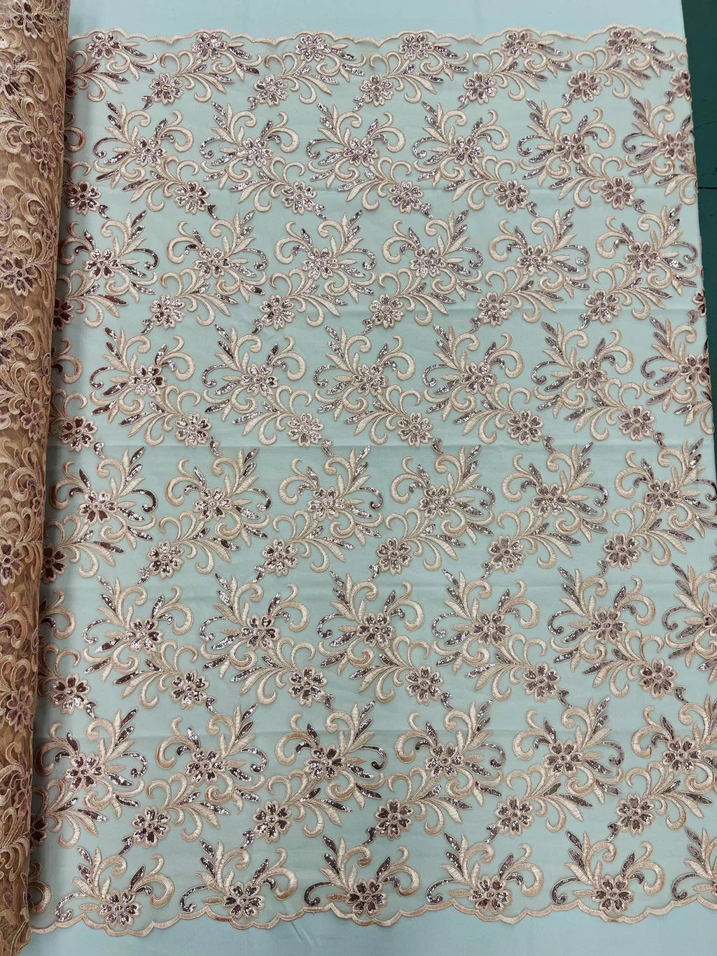 Small Flower Fabric - Peach - Floral Plant Embroidered Design on Lace Mesh By Yard