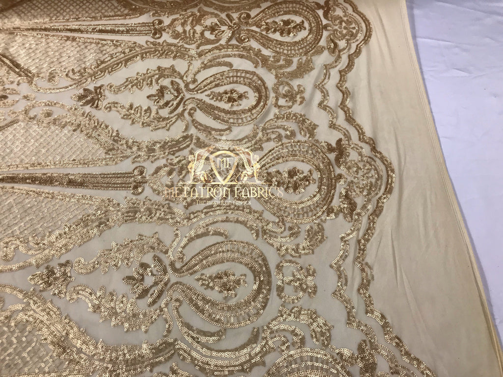 Sequins - Gold - 4 Way Stretch Fancy Fabric Embroidered On Mesh Sold By The Yard