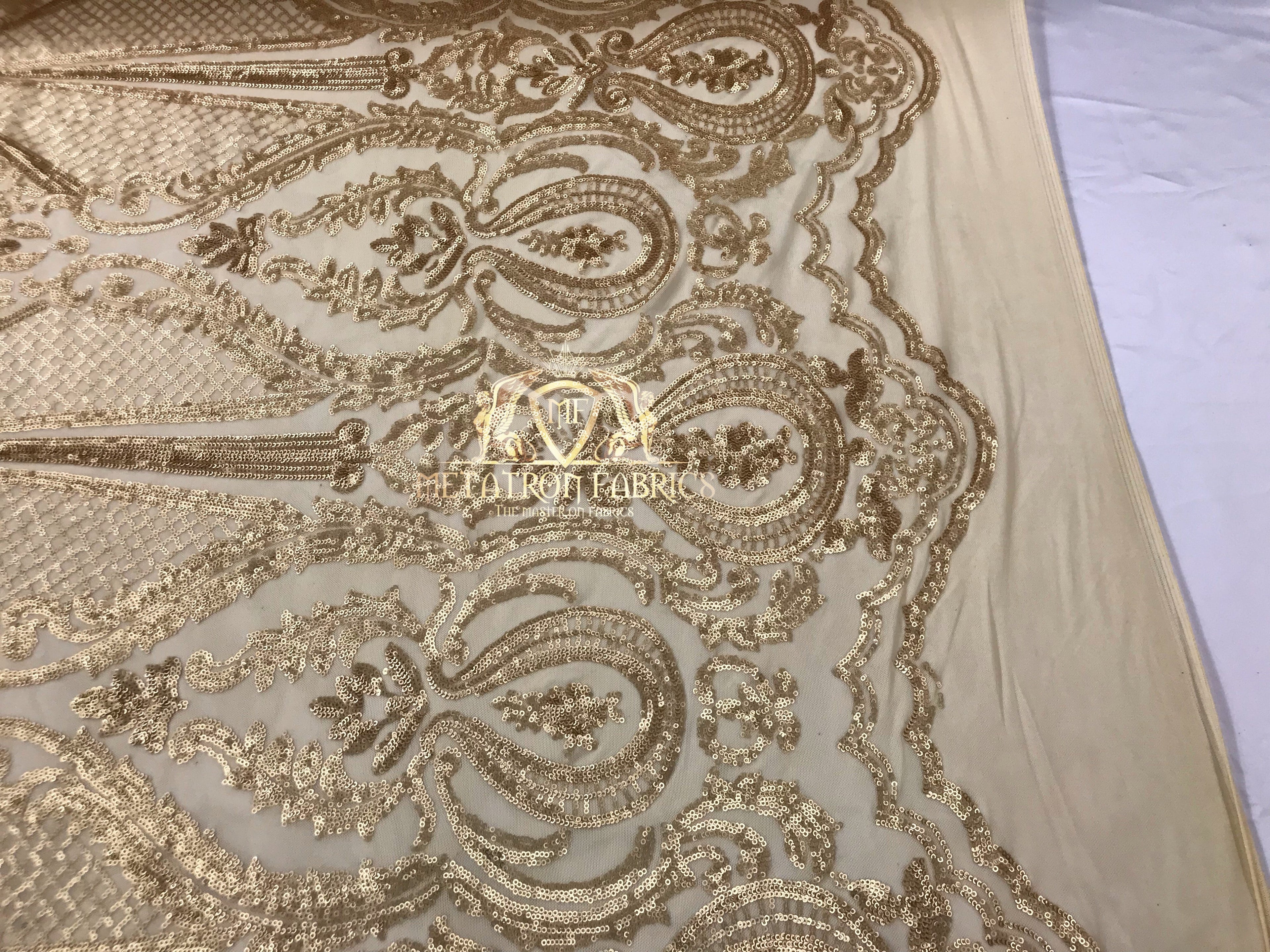 Sequins - Gold - 4 Way Stretch Fancy Fabric Embroidered On Mesh Sold By The Yard