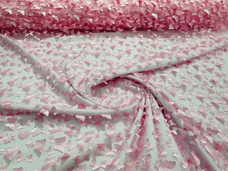 3D Butterfly Design Lace - Pink  - Embroidered Lace with 3D Butterfly Design By Yard