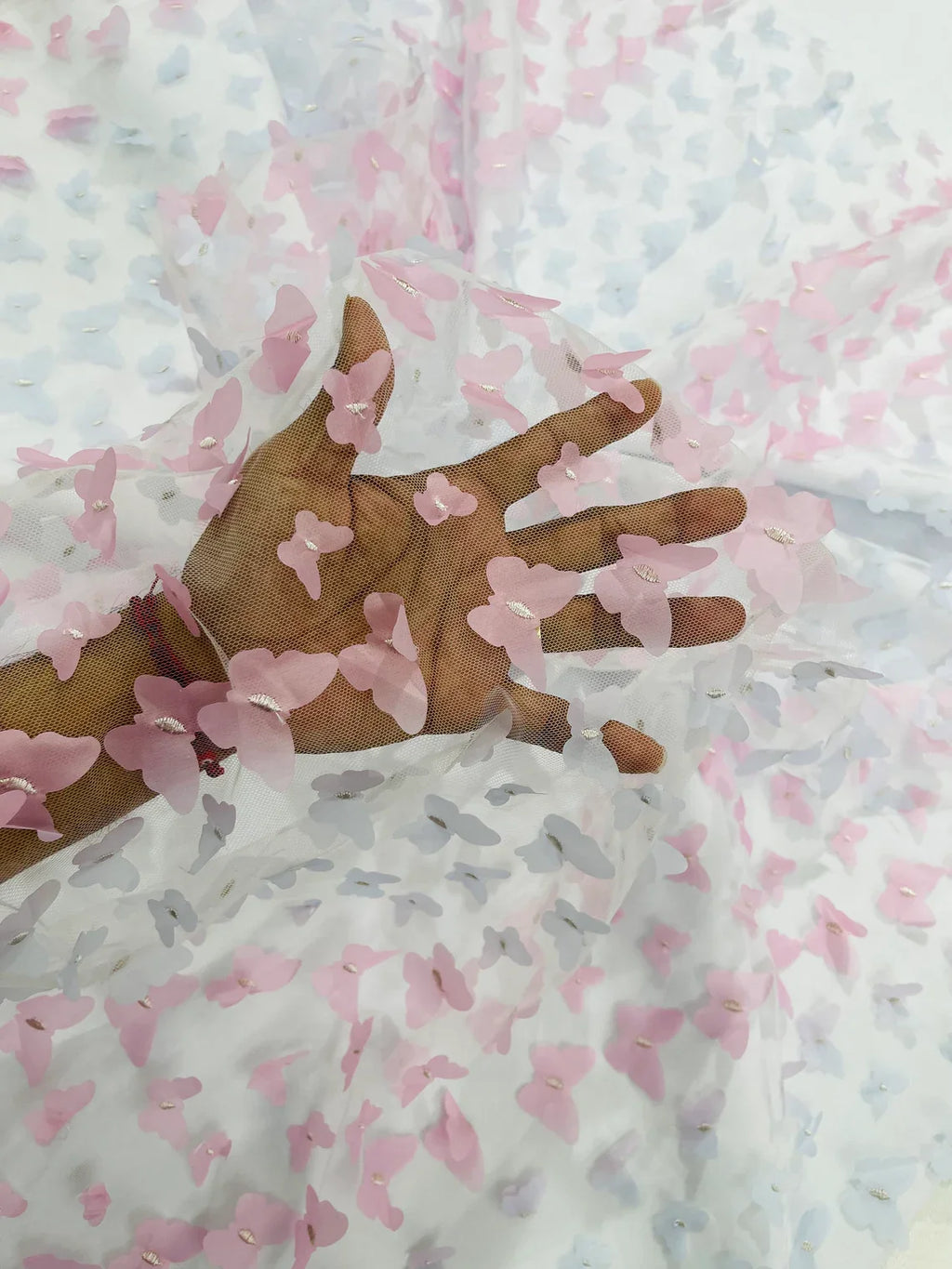 3D Butterfly Design Lace - Pastel Pink / Lilac - Embroidered Lace with 3D Butterfly Design By Yard