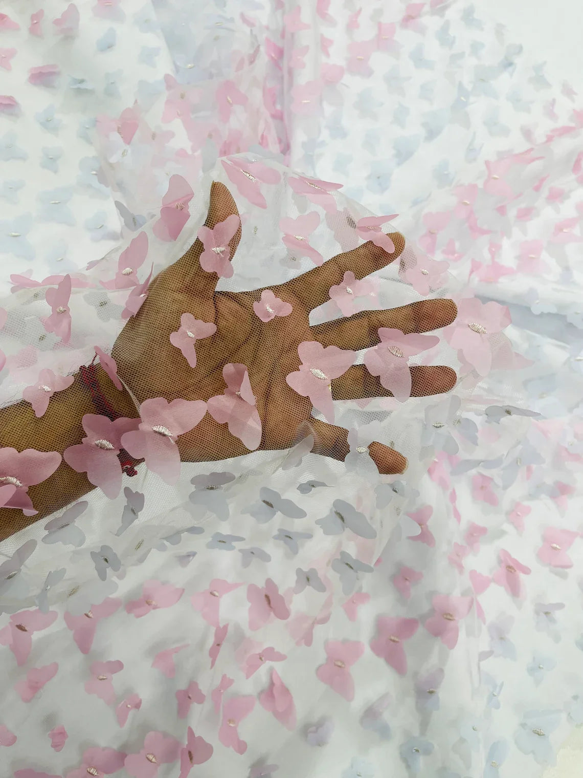 3D Butterfly Design Lace - Pastel Pink / Lilac - Embroidered Lace with 3D Butterfly Design By Yard