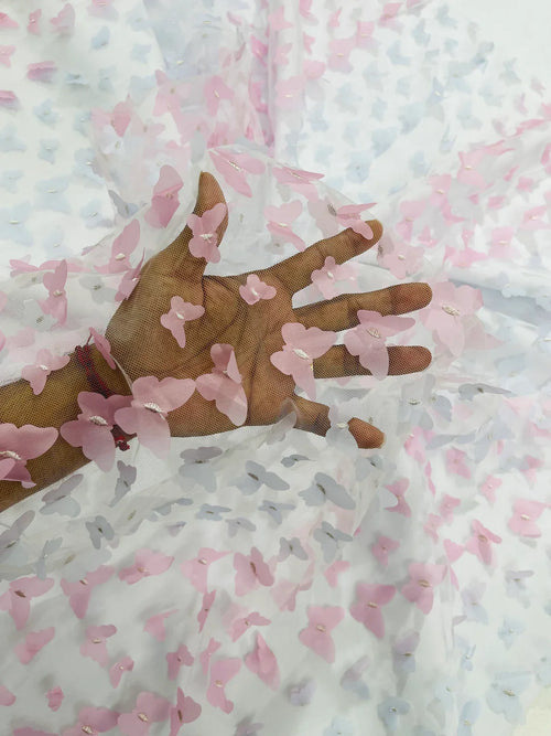 3D Butterfly Design Lace - Pastel Pink / Lilac - Embroidered Lace with 3D Butterfly Design By Yard
