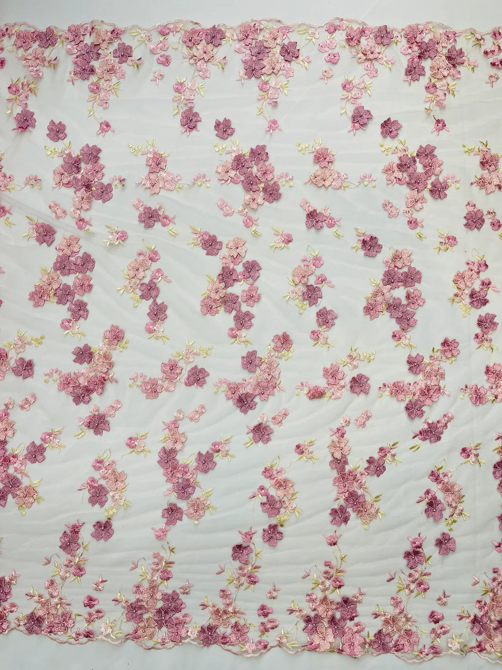 Multi-Color 3D Flower Fabric - Pink / Rose - Multi-Tone 3D Flower Lace Fabrics Sold By Yard