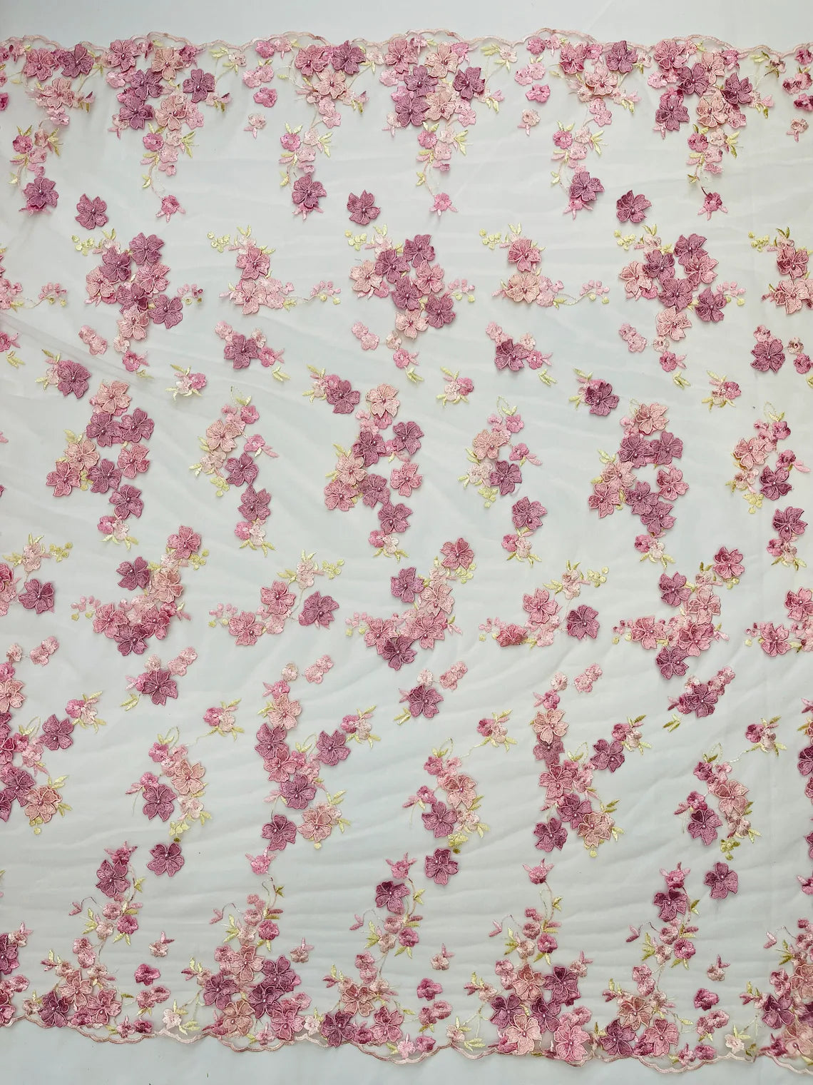 Multi-Color 3D Flower Fabric - Pink / Rose - Multi-Tone 3D Flower Lace Fabrics Sold By Yard