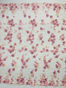 Multi-Color 3D Flower Fabric - Pink / Rose - Multi-Tone 3D Flower Lace Fabrics Sold By Yard