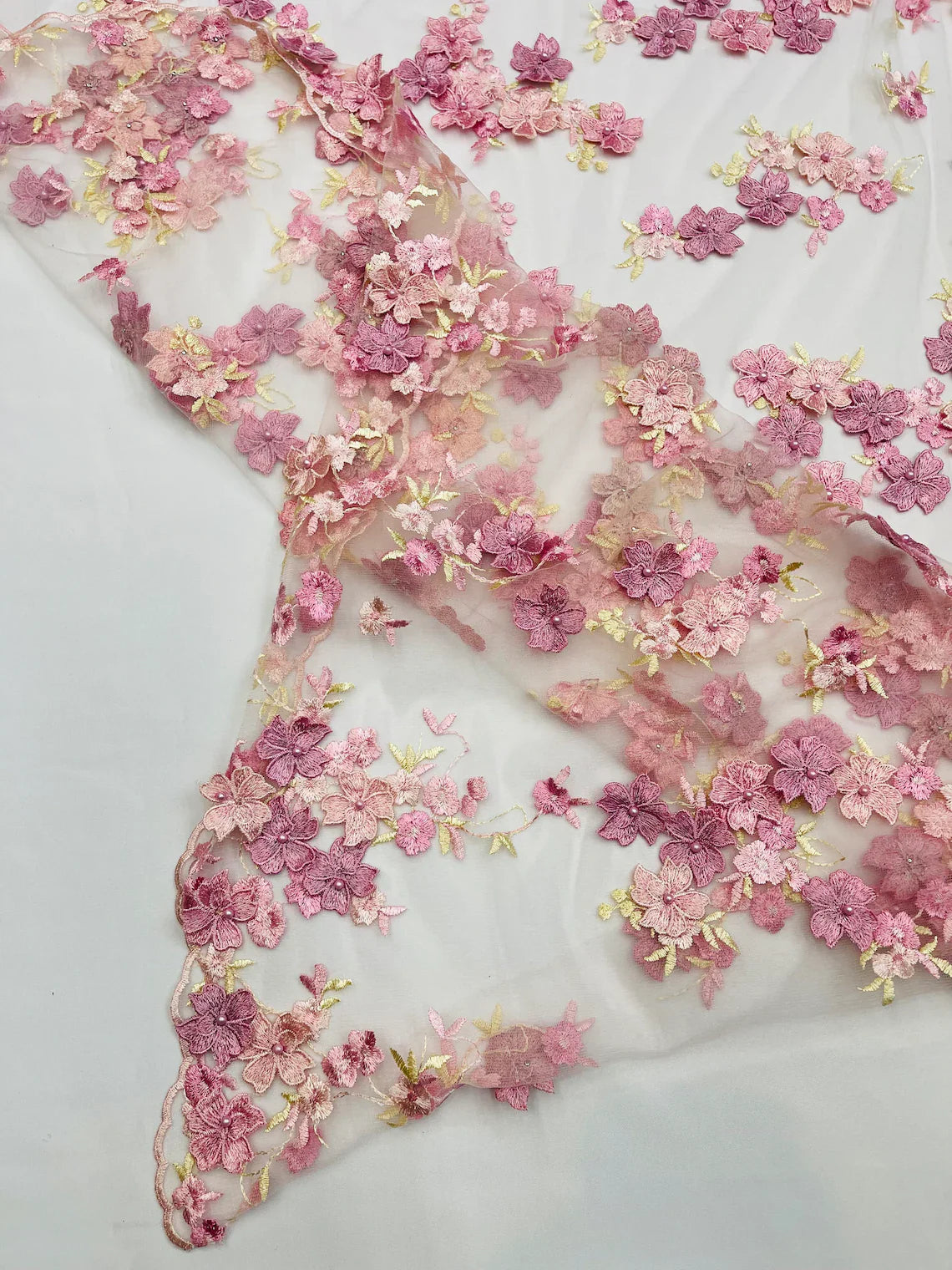 Multi-Color 3D Flower Fabric - Pink / Rose - Multi-Tone 3D Flower Lace Fabrics Sold By Yard