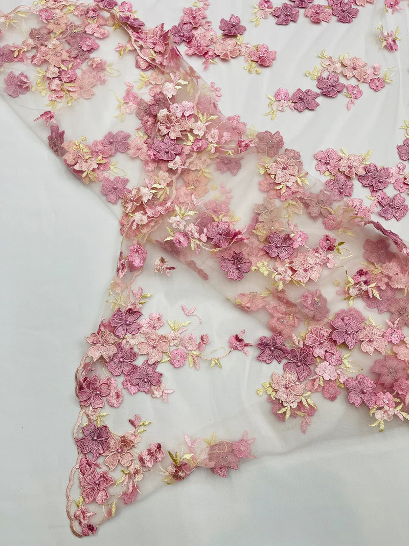 3D Flowers Soft Pink Mesh Embroidery Fabric for Dresses - OneYard