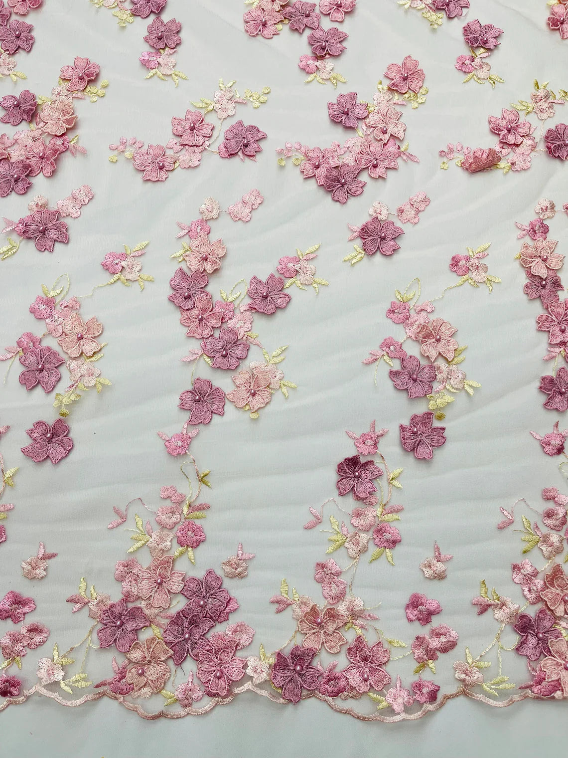 Multi-Color 3D Flower Fabric - Pink / Rose - Multi-Tone 3D Flower Lace Fabrics Sold By Yard
