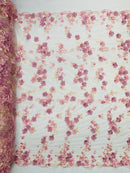 Multi-Color 3D Flower Fabric - Pink / Rose - Multi-Tone 3D Flower Lace Fabrics Sold By Yard