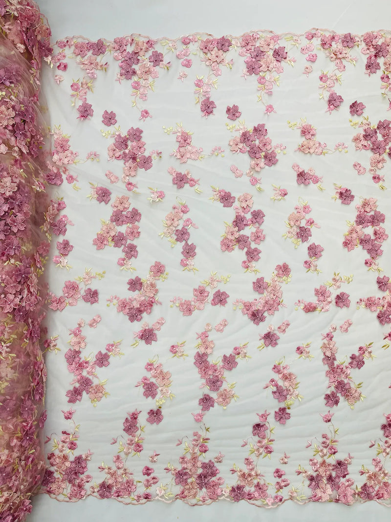 Multi-Color 3D Flower Fabric - Pink / Rose - Multi-Tone 3D Flower Lace Fabrics Sold By Yard