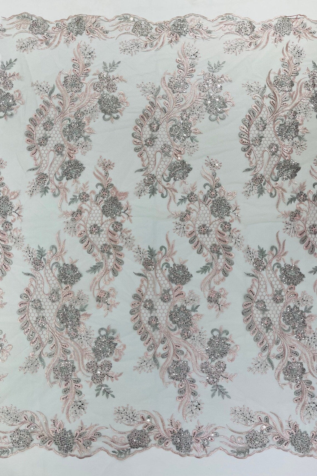 Corded Lace Sequins Fabric - Pink / Silver - Embroidered Fancy Flower and Fish Design Sold By Yard