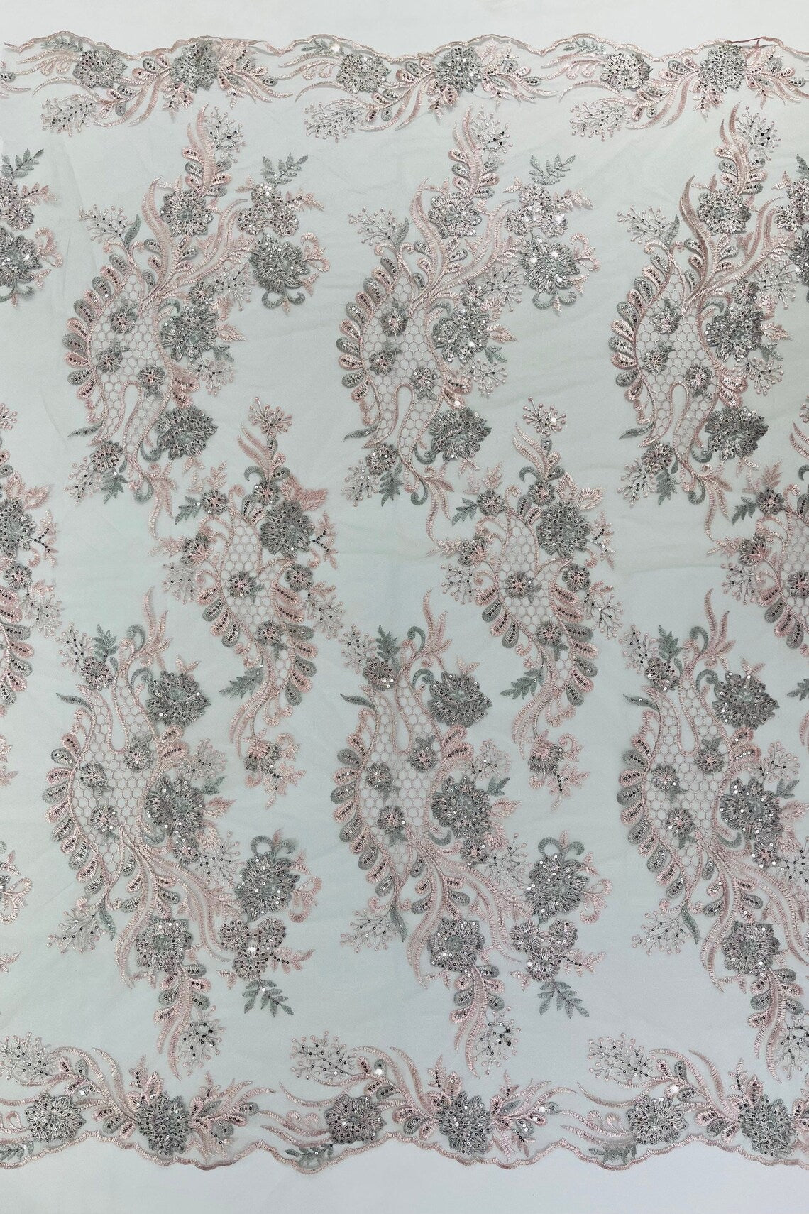 Corded Lace Sequins Fabric - Pink / Silver - Embroidered Fancy Flower and Fish Design Sold By Yard