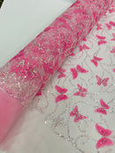 3D Butterfly Beaded Fabric - Pink / Silver - Beaded Sequins Butterfly Embroidered Fabric By Yard