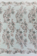 Corded Lace Sequins Fabric - Pink / Silver - Embroidered Fancy Flower and Fish Design Sold By Yard