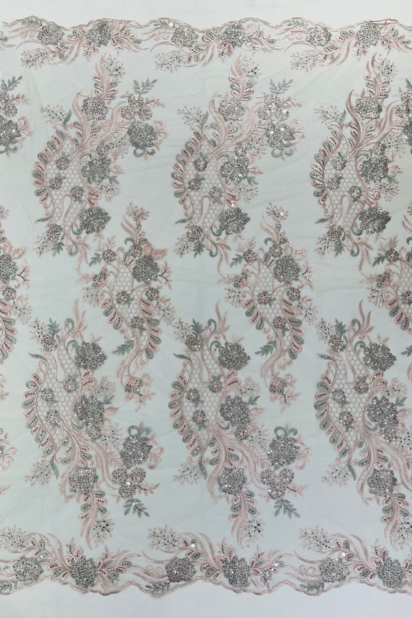 Corded Lace Sequins Fabric - Pink / Silver - Embroidered Fancy Flower and Fish Design Sold By Yard