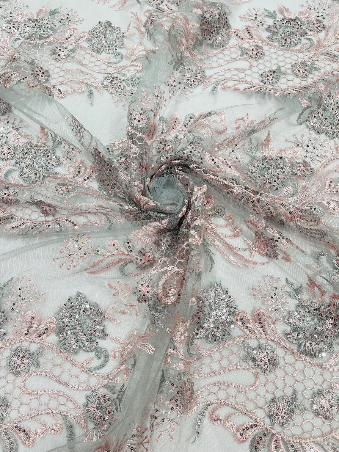 Corded Lace Sequins Fabric - Pink / Silver - Embroidered Fancy Flower and Fish Design Sold By Yard