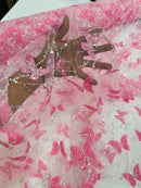 3D Butterfly Beaded Fabric - Pink / Silver - Beaded Sequins Butterfly Embroidered Fabric By Yard