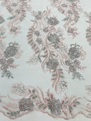 Corded Lace Sequins Fabric - Pink / Silver - Embroidered Fancy Flower and Fish Design Sold By Yard