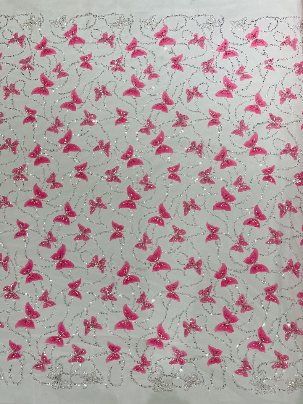 3D Butterfly Beaded Fabric - Pink / Silver - Beaded Sequins Butterfly Embroidered Fabric By Yard