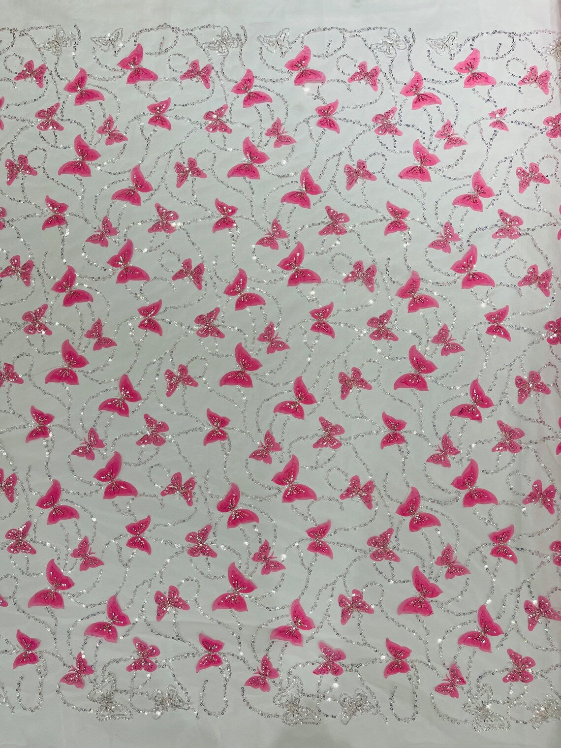 3D Butterfly Beaded Fabric - Pink / Silver - Beaded Sequins Butterfly Embroidered Fabric By Yard