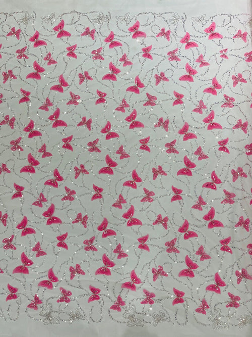 3D Butterfly Beaded Fabric - Pink / Silver - Beaded Sequins Butterfly Embroidered Fabric By Yard
