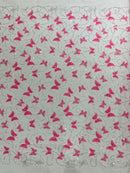 3D Butterfly Beaded Fabric - Pink / Silver - Beaded Sequins Butterfly Embroidered Fabric By Yard