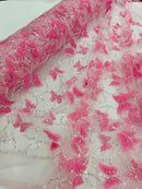 3D Butterfly Beaded Fabric - Pink / Silver - Beaded Sequins Butterfly Embroidered Fabric By Yard