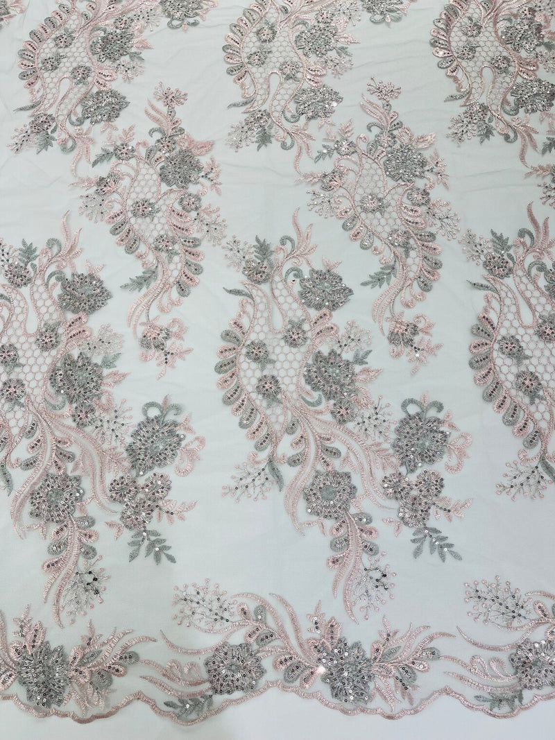 Corded Lace Sequins Fabric - Pink / Silver - Embroidered Fancy Flower and Fish Design Sold By Yard