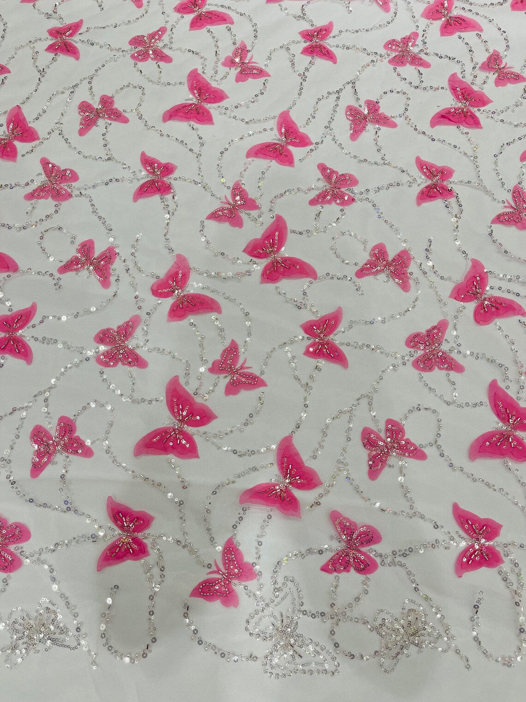 3D Butterfly Beaded Fabric - Pink / Silver - Beaded Sequins Butterfly Embroidered Fabric By Yard