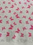 3D Butterfly Beaded Fabric - Pink / Silver - Beaded Sequins Butterfly Embroidered Fabric By Yard