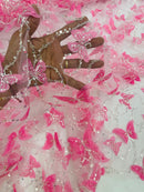3D Butterfly Beaded Fabric - Pink / Silver - Beaded Sequins Butterfly Embroidered Fabric By Yard