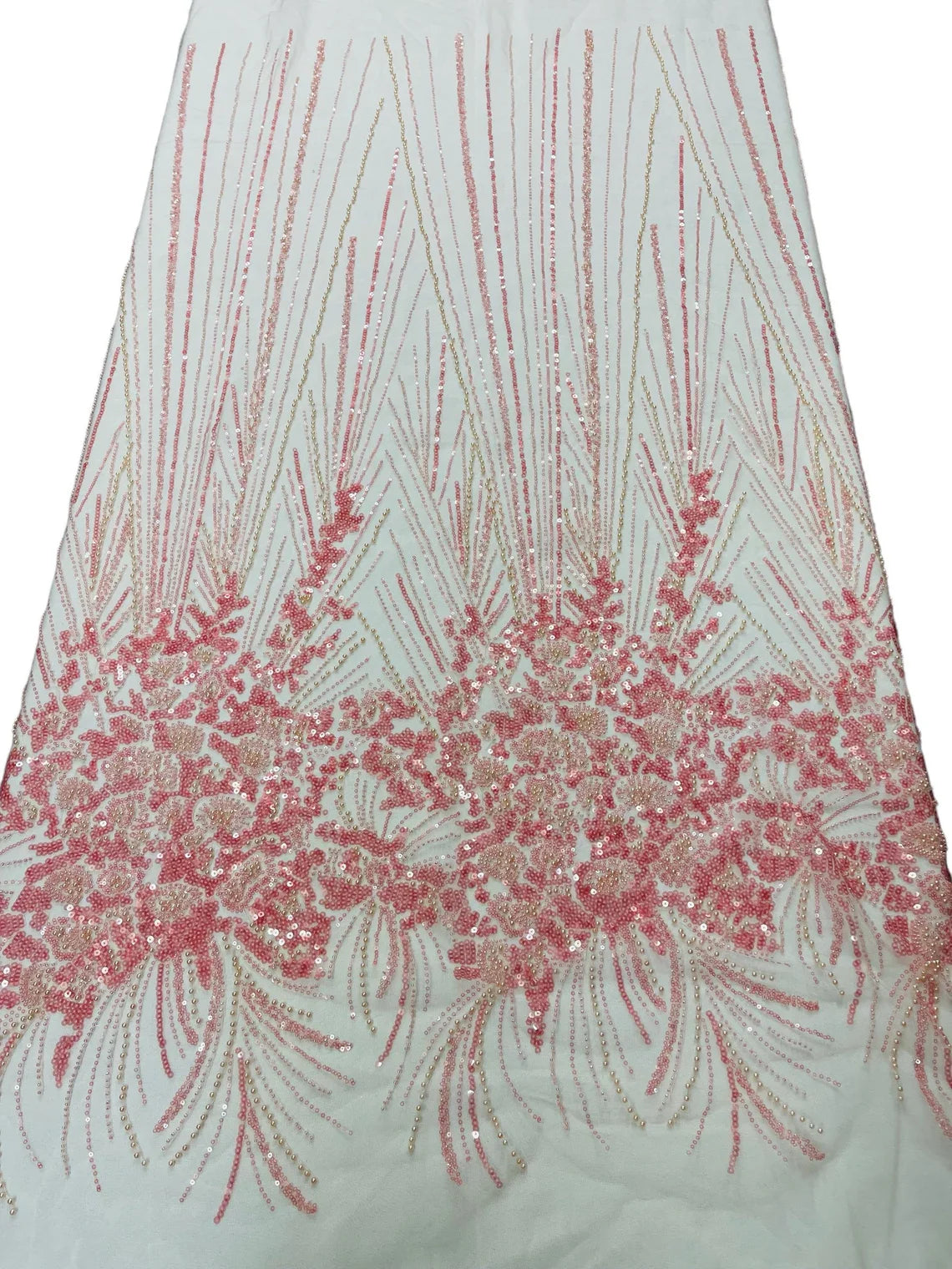 Beaded Floral Line Fabric - Pink  - Beaded Embroidered Lines and Flowers on Mesh By Yard