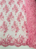 Beaded Flower Sequins Fabric - Pink - Embroidered Beaded Floral Clusters Sequins Fabric By Yard
