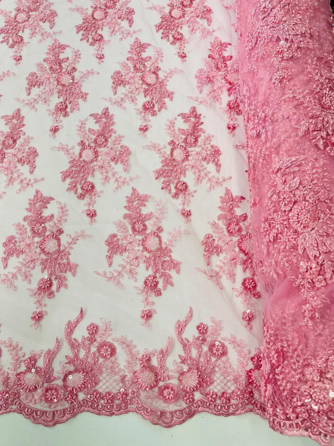 Beaded Flower Sequins Fabric - Pink - Embroidered Beaded Floral Clusters Sequins Fabric By Yard