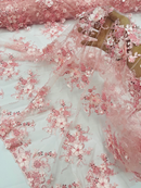 3D Flower Sequins Design - Pink - Embroidered Pearl Sequins Floral Clusters Lace Fabric By Yard