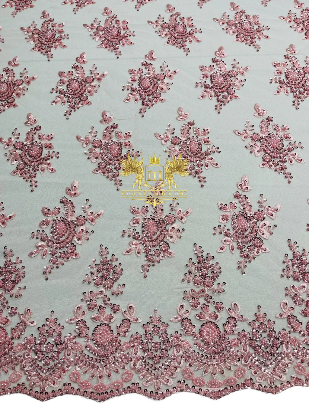 Floral Beaded Fabric - Pink - Embroidered Beaded Flowers Cluster Design on a Mesh Sold By Yard
