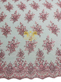 Floral Beaded Fabric - Pink - Embroidered Beaded Flowers Cluster Design on a Mesh Sold By Yard