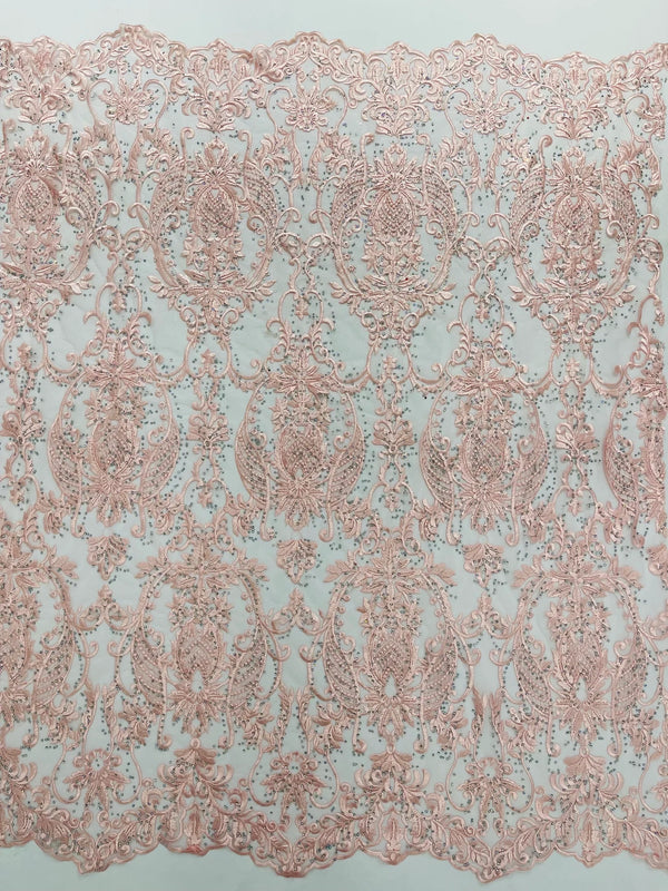 Damask Rhinestone Fabric - Pink - Beaded Embroidery Corded Lace Fabric Sold by Yard