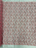 Corded Sequins Flower Lace - Pink - Corded Floral Lace With Sequins Sold By Yard