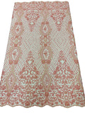 Bead Fashion Damask Fabric - Pink - Beaded Sequins Geometric Design on Mesh Sold By Yard